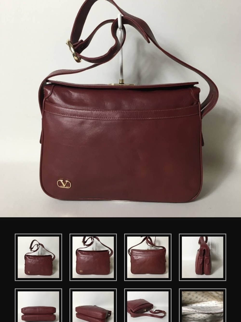 Valentino Garavani Deep Red Leather Shoulder Bag with Gold Logo